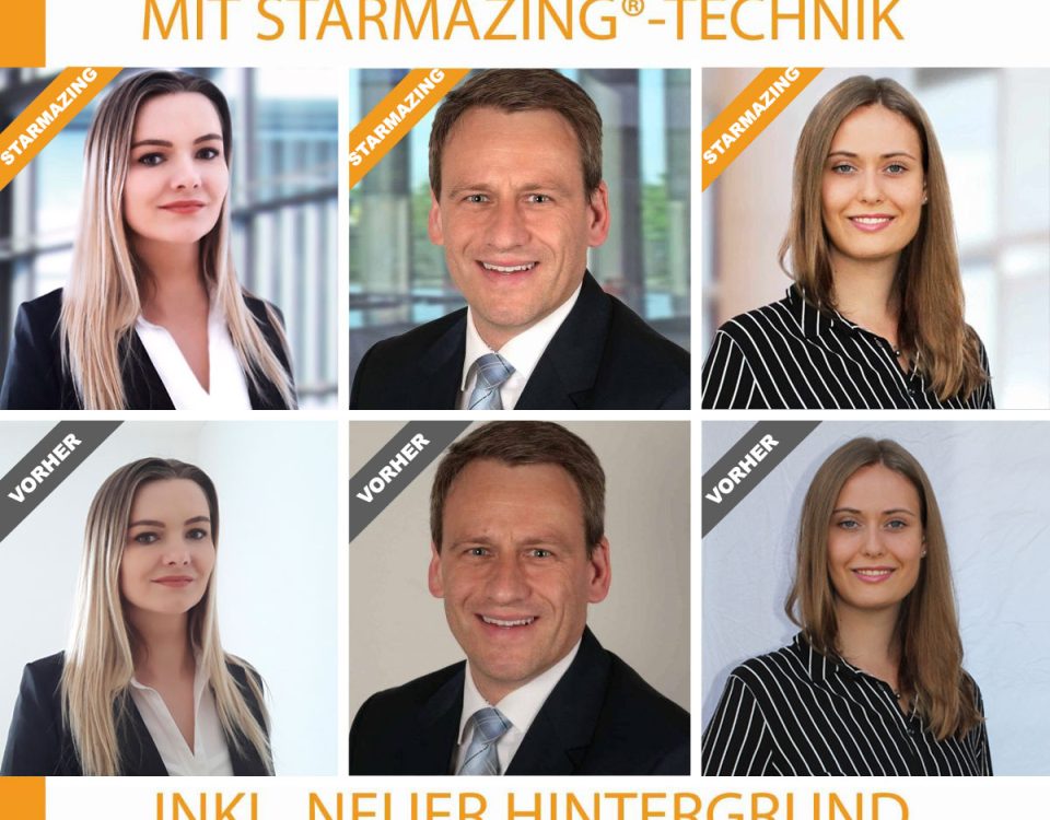 Bewerbungsfoto professionell selber machen funktioniert mit STARMAZING ganz einfach. Foto selbst aufnehmen und STARMAZING tauscht den Hintergrund passend zu Branche und Position aus. Das Foto wird dann professionell digital überarbeitet. Ergebnis: Ein professionelles und modernes Bewerbungsfoto, wie nach einem aufwendigem Fotoshooting in einer Business-Location. Dabei bleibt das Foto bei der Wahrheit und ist nicht als Retusche zu erkennen. Spart Zeit und spart Reisekosten.