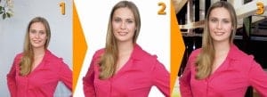 Bewerbungsfoto in 3 Schritten selbst gemacht: 1. Foto schiessen, 2. Bild freistellen + sehr dezente Gesichtsretusche, 3. Hintergrund passend zu Branche wählen und farblich harmonisieren.