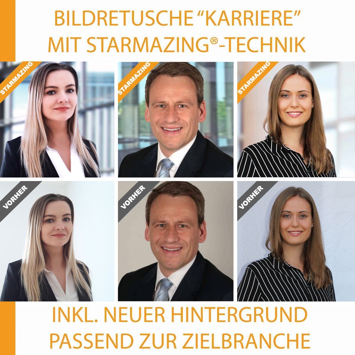 Bewerbungsfoto professionell selber machen funktioniert mit STARMAZING ganz einfach. Foto selbst aufnehmen und STARMAZING tauscht den Hintergrund passend zu Branche und Position aus. Das Foto wird dann professionell digital überarbeitet. Ergebnis: Ein professionelles und modernes Bewerbungsfoto, wie nach einem aufwendigem Fotoshooting in einer Business-Location. Dabei bleibt das Foto bei der Wahrheit und ist nicht als Retusche zu erkennen. Spart Zeit und spart Reisekosten.