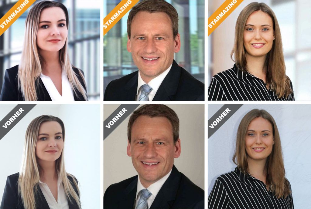 Vorher-Nachher: Professionelle Businessfoto-Retusche Vorher-Nachher-Vergleiche von selbstgemachten Bewerbungsfotos und den professionell retuschierten Businessporträts von STARMAZING, modernste Retusche-Techniken.