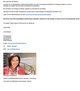 Mitarbeiterfotos in E-Mails an Kunden wirken deutlich persönlicher, wenn der Absender in der Fußnote mit seinem Foto zu sehen ist. Das erhöht die Kundenbindung mit jeder E-Mail.
