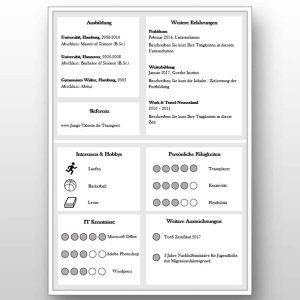 Diese CV Lebenslauf-Folgeseite mit Icons rundet das Bild über den Bewerber umfassend ab. Durch den Einsatz von grafischen Elementen gelingt es umfangreiche zusätzliche Informationen zu vermitteln, ohne den Lesezeitbedarf zu steigern. Ein entscheidender Vorteil, gerade wenn es bei Stellen mit hohem Bewerber-Wettbewerb. Bewerbungsvorlage "Perfect Candidate Grey Edition". Dieser CV Lebenslauf hat 5 Seiten und ist als Download sofort verfügbar. Lebenslauf, CV, Bewerbungsvorlage für die moderne Bewerbung als Download.