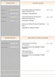 Lebenslauf-Folgeseite: Ideal für Personen die über langjährige Erfahrung verfügen. Modern strukturiert signalisiert dieses Layout: Wer sich so präsentiert, verkauft auch sein künftiges Unternehmen erstklassig. Die komplette Bewerbungsvorlage besteht aus 3 Varianten mit jeweils 4 Seiten. Mit sofort Download für Word und Pages. Lebenslauf, CV, Bewerbungsvorlage für die moderne Bewerbung als Download.