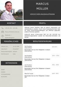 Ein Lebenslauf Design mit Kurzprofil gibt dem Personaler einen ersten Eindruck über den Bewerber, mit dem dieser bereits in den ersten Sekunden punkten kann. Es handelt sich hierbei um eine kleine Zusammenfassung über die bisher wichtigsten Positionen des Bewerbers. Lebenslauf, CV, Bewerbungsvorlage für die moderne Bewerbung als Download.