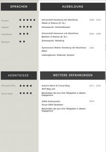 Ein gelungenes CV Beispiel für eine moderne Bewerbung über 4 Seiten. Der Lebenslauf ist klar strukturiert und signalisiert, dass der Bewerber mit modernen Medien absolut vertraut ist. Die komplette Bewerbungsvorlage als Download für MAC und WINDOWS auf STARMAZING.de. Lebenslauf, CV, Bewerbungsvorlage für die moderne Bewerbung als Download.