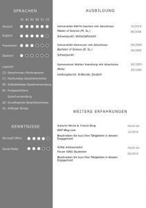 CV Lebenslaufvorlage für viel Berufserfahrung. Highlights: + 6 Seiten + unterstützt Europäischen Referenzrahmen für Sprachen (GER) + STARMAZING®-Easy-Edit-Architektur (spart viel Zeit beim Bearbeiten mit Word) + Eindrucksvolle Farben optimiert für Export als PDF und für Ausdrucke + Als deutsche Bewerbungsvorlage, EU und Schweizer Lebenslauf einsetzbar. Download für Windows Word und MacOS Pages in DIN A4.