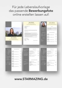 Perfekte Bewerbungsfotos für CV Lebenslaufvorlage auf www.STARMAZING.de erhalten. Dazu WORD Vorlage mit 6 Seiten + unterstützt Europäischen Referenzrahmen für Sprachen (GER) + STARMAZING®-Easy-Edit-Architektur (spart viel Zeit beim Bearbeiten mit Word) + Eindrucksvolle Farben optimiert für Export als PDF und für Ausdrucke + Als deutsche Bewerbungsvorlage, EU und Schweizer Lebenslauf einsetzbar. Download für Windows Word und MacOS Pages.