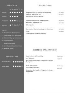 CV Lebenslaufvorlage für viel Berufserfahrung. Highlights: + 6 Seiten + unterstützt Europäischen Referenzrahmen für Sprachen (GER) + STARMAZING®-Easy-Edit-Architektur (spart viel Zeit beim Bearbeiten mit Word) + Eindrucksvolle Farben optimiert für Export als PDF und für Ausdrucke + Als deutsche Bewerbungsvorlage, EU und Schweizer Lebenslauf einsetzbar. Download für Windows Word und MacOS Pages.