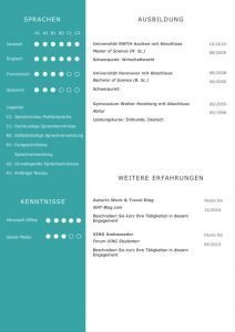 CV in Modern Mint: Ideal für Bewerbungen bei Umwelt verbundenen Unternehmen. Eine Lebenslaufvorlage für viel Berufserfahrung. Highlights: + 6 Seiten + unterstützt Europäischen Referenzrahmen für Sprachen (GER) + STARMAZING®-Easy-Edit-Architektur (spart viel Zeit beim Bearbeiten mit Word) + Eindrucksvolle Farben optimiert für Export als PDF und für Ausdrucke + Als deutsche Bewerbungsvorlage, EU und Schweizer Lebenslauf einsetzbar. Download für Windows Word und MacOS Pages.