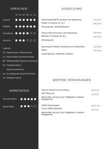 CV Skill-Profil in Carbon Farben: Eine perfekte Lebenslaufvorlage für viel Berufserfahrung. Highlights: + 6 Seiten + unterstützt Europäischen Referenzrahmen für Sprachen (GER) + STARMAZING®-Easy-Edit-Architektur (spart viel Zeit beim Bearbeiten mit Word) + Eindrucksvolle Farben optimiert für Export als PDF und für Ausdrucke + Als deutsche Bewerbungsvorlage, EU und Schweizer Lebenslauf einsetzbar. Download für Windows Word und MacOS Pages.