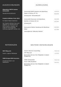 CV mit Profil in Carbon Farben: Eine perfekte Lebenslaufvorlage für viel Berufserfahrung. Highlights: + 6 Seiten + unterstützt Europäischen Referenzrahmen für Sprachen (GER) + STARMAZING®-Easy-Edit-Architektur (spart viel Zeit beim Bearbeiten mit Word) + Eindrucksvolle Farben optimiert für Export als PDF und für Ausdrucke + Als deutsche Bewerbungsvorlage, EU und Schweizer Lebenslauf einsetzbar. Download für Windows Word und MacOS Pages.