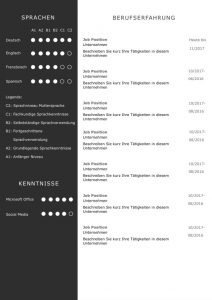 CV Skill-Profil in Carbon Farben: Eine perfekte Lebenslaufvorlage für viel Berufserfahrung. Highlights: + 6 Seiten + unterstützt Europäischen Referenzrahmen für Sprachen (GER) + STARMAZING®-Easy-Edit-Architektur (spart viel Zeit beim Bearbeiten mit Word) + Eindrucksvolle Farben optimiert für Export als PDF und für Ausdrucke + Als deutsche Bewerbungsvorlage, EU und Schweizer Lebenslauf einsetzbar. Download für Windows Word und MacOS Pages.