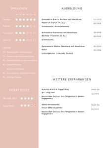 CV in Trendfarbe Coral als Lebenslaufvorlage für viel Berufserfahrung. Highlights: + 6 Seiten + unterstützt Europäischen Referenzrahmen für Sprachen (GER) + STARMAZING®-Easy-Edit-Architektur (spart viel Zeit beim Bearbeiten mit Word) + Eindrucksvolle Farben optimiert für Export als PDF und für Ausdrucke + Als deutsche Bewerbungsvorlage, EU und Schweizer Lebenslauf einsetzbar. Download für Windows Word und MacOS Pages.
