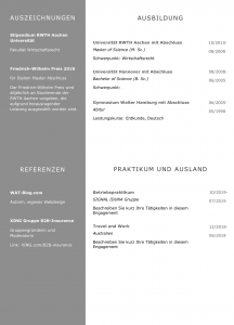 Perfektes CV Layout Design in sehr eleganter und moderner Farbabstimmung: So gewinnt ein Personaler sofort einen positiven Eindruck: Lebenslauf, Ausbildung, Auslandserfahrung, Bewerbungsanschreiben, Praktikum, Sprachen, Charaktereigenschaften, Referenzen, Auszeichnungen auf einen Blick perfekt dargestellt. Das Anschreiben nach DIN 5008 Norm ein Beweis, dass der Bewerber Geschäftskorrespondenz bis ins letzte Detail beherrscht.