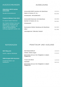 CV in Modern Mint: Ideal für Bewerbungen bei Umwelt verbundenen Unternehmen. Eine Lebenslaufvorlage für viel Berufserfahrung. Highlights: + 6 Seiten + unterstützt Europäischen Referenzrahmen für Sprachen (GER) + STARMAZING®-Easy-Edit-Architektur (spart viel Zeit beim Bearbeiten mit Word) + Eindrucksvolle Farben optimiert für Export als PDF und für Ausdrucke + Als deutsche Bewerbungsvorlage, EU und Schweizer Lebenslauf einsetzbar. Download für Windows Word und MacOS Pages.