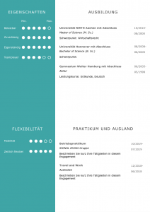 CV in Modern Mint: Ideal für Bewerbungen bei Umwelt verbundenen Unternehmen. Eine Lebenslaufvorlage für viel Berufserfahrung. Highlights: + 6 Seiten + unterstützt Europäischen Referenzrahmen für Sprachen (GER) + STARMAZING®-Easy-Edit-Architektur (spart viel Zeit beim Bearbeiten mit Word) + Eindrucksvolle Farben optimiert für Export als PDF und für Ausdrucke + Als deutsche Bewerbungsvorlage, EU und Schweizer Lebenslauf einsetzbar. Download für Windows Word und MacOS Pages.