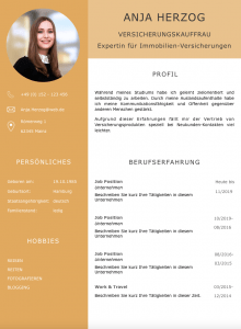 Alles richtig gemacht: Dieses aufgeräumte Lebenslauf CV Design hilft jedem Personaler sehr schnell einen perfekten Eindruck vom Bewerber zu bekommen. Bewerber-Profil, Berufserfahrung, Kontaktdaten, Angaben zur Person und Hobbies sind ideal aufgeteilt und schnell zu erfassen.