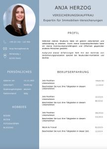 Alles richtig gemacht: Dieses aufgeräumte Lebenslauf CV Design hilft jedem Personaler sehr schnell einen perfekten Eindruck vom Bewerber zu bekommen. Bewerber-Profil, Berufserfahrung, Kontaktdaten, Angaben zur Person und Hobbies sind ideal aufgeteilt und schnell zu erfassen.