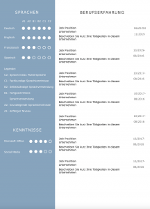 CV mit EU Sprachniveau-Darstellung: Das wirkt professionell auf Personaler. Dieses Lebenslauf Design bietet flexible genug Platz, um die eigene Berufserfahrung, vorteilhafte Kenntnisse und Sprachkenntnisse auf einen Blick zu präsentieren. Diese Bewerbung ist eine perfekte Grundlage Richtung neuem Job.