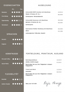 Bewusst kompaktes CV Design, um einen kurzen Lebenslauf groß und erfahren wirken zu lassen. Die grafische Darstellung der Eigenschaften des Bewerbers wirkt positiv aufgeräumt, strukturiert und modern. Mit diesem Design können besonders gut Bewerber mit wenigen Jahren Berufserfahrung prima glänzen.