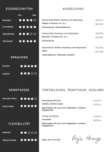 Bewusst kompaktes CV Design, um einen kurzen Lebenslauf groß und erfahren wirken zu lassen. Die grafische Darstellung der Eigenschaften des Bewerbers wirkt positiv aufgeräumt, strukturiert und modern. Mit diesem Design können besonders gut Bewerber mit wenigen Jahren Berufserfahrung prima glänzen.