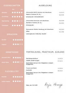 Bewusst kompaktes CV Design, um einen kurzen Lebenslauf groß und erfahren wirken zu lassen. Die grafische Darstellung der Eigenschaften des Bewerbers wirkt positiv aufgeräumt, strukturiert und modern. Mit diesem Design können besonders gut Bewerber mit wenigen Jahren Berufserfahrung prima glänzen.
