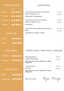 Bewusst kompaktes CV Design, um einen kurzen Lebenslauf groß und erfahren wirken zu lassen. Die grafische Darstellung der Eigenschaften des Bewerbers wirkt positiv aufgeräumt, strukturiert und modern. Mit diesem Design können besonders gut Bewerber mit wenigen Jahren Berufserfahrung prima glänzen.