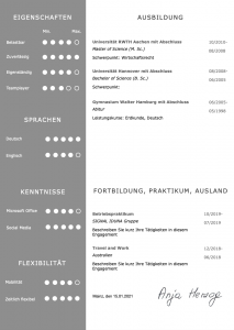 Bewusst kompaktes CV Design, um einen kurzen Lebenslauf groß und erfahren wirken zu lassen. Die grafische Darstellung der Eigenschaften des Bewerbers wirkt positiv aufgeräumt, strukturiert und modern. Mit diesem Design können besonders gut Bewerber mit wenigen Jahren Berufserfahrung prima glänzen.