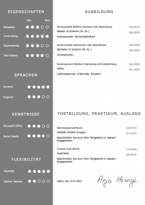 Bewusst kompaktes CV Design, um einen kurzen Lebenslauf groß und erfahren wirken zu lassen. Die grafische Darstellung der Eigenschaften des Bewerbers wirkt positiv aufgeräumt, strukturiert und modern. Mit diesem Design können besonders gut Bewerber mit wenigen Jahren Berufserfahrung prima glänzen.