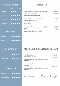 Bewusst kompaktes CV Design, um einen kurzen Lebenslauf groß und erfahren wirken zu lassen. Die grafische Darstellung der Eigenschaften des Bewerbers wirkt positiv aufgeräumt, strukturiert und modern. Mit diesem Design können besonders gut Bewerber mit wenigen Jahren Berufserfahrung prima glänzen.