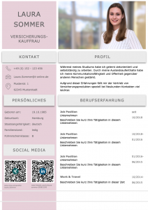 Spitze: Diese Bewerbungsvorlage ist perfekt gestaltet. Das Design in Lavendel-Optik ist aufgeräumt und klar strukturiert. Die QR-Codes führen den Personaler direkt auf das XING und LinkedIn Profil des Bewerbers. So sehen perfekte Bewerbungen heutzutage aus. Das Bewerber Kurzprofil und das moderne Bewerbungsfoto in einer Büroumgebung machen diese Bewerbung zu einem Highlight.