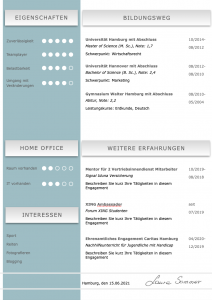 Perfekte und moderne Design Bewerbungsvorlage von STARMAZING: Seite 1: Bewerbungsdeckblatt Seite 2: Bewerbungsanschreiben Seite 3: CV Lebenslauf mit Profil Seite 4: CV Lebenslauf Folgeseite Seite 5: Flexible Zusatzseite / Weiterbildung Seite 6: Bildungsweg Seite 7: CV Kompakt Seite Homeoffice Möglichkeit, Reisebereitschaft, Persönlichkeitsdarstellung, Kenntnisse und zeitliche Verfügbarkeit werden eindrucksvoll grafisch präsentiert. Mit Social Media QR Codes. Alle Schriften ohne Installation dabei. Download: www.STARMAZING.de/bewerber-shop