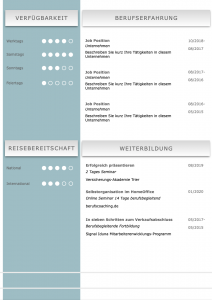 Perfekte und moderne Design Bewerbungsvorlage von STARMAZING: Seite 1: Bewerbungsdeckblatt Seite 2: Bewerbungsanschreiben Seite 3: CV Lebenslauf mit Profil Seite 4: CV Lebenslauf Folgeseite Seite 5: Flexible Zusatzseite / Weiterbildung Seite 6: Bildungsweg Seite 7: CV Kompakt Seite Homeoffice Möglichkeit, Reisebereitschaft, Persönlichkeitsdarstellung, Kenntnisse und zeitliche Verfügbarkeit werden eindrucksvoll grafisch präsentiert. Mit Social Media QR Codes. Alle Schriften ohne Installation dabei. Download: www.STARMAZING.de/bewerber-shop