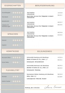 Perfekte und moderne Design Bewerbungsvorlage von STARMAZING: Seite 1: Bewerbungsdeckblatt Seite 2: Bewerbungsanschreiben Seite 3: CV Lebenslauf mit Profil Seite 4: CV Lebenslauf Folgeseite Seite 5: Flexible Zusatzseite / Weiterbildung Seite 6: Bildungsweg Seite 7: CV Kompakt Seite Homeoffice Möglichkeit, Reisebereitschaft, Persönlichkeitsdarstellung, Kenntnisse und zeitliche Verfügbarkeit werden eindrucksvoll grafisch präsentiert. Mit Social Media QR Codes. Alle Schriften ohne Installation dabei. Download: www.STARMAZING.de/bewerber-shop