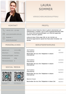 Spitze: Diese Bewerbungsvorlage ist perfekt gestaltet. Das Design in Gold-beige-Optik ist aufgeräumt und klar strukturiert. Die QR-Codes führen den Personaler direkt auf das XING und LinkedIn Profil des Bewerbers. So sehen perfekte Bewerbungen heutzutage aus. Das Bewerber Kurzprofil und das moderne Bewerbungsfoto in einer Büroumgebung machen diese Bewerbung zu einem Highlight.