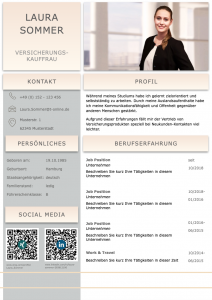Spitze: Diese Bewerbungsvorlage ist perfekt gestaltet. Das Design in Gold-beige-Optik ist aufgeräumt und klar strukturiert. Die QR-Codes führen den Personaler direkt auf das XING und LinkedIn Profil des Bewerbers. So sehen perfekte Bewerbungen heutzutage aus. Das Bewerber Kurzprofil und das moderne Bewerbungsfoto in einer Büroumgebung machen diese Bewerbung zu einem Highlight.