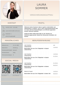 Spitze: Diese Bewerbungsvorlage ist perfekt gestaltet. Das Design in Gold-beige-Optik ist aufgeräumt und klar strukturiert. Die QR-Codes führen den Personaler direkt auf das XING und LinkedIn Profil des Bewerbers. So sehen perfekte Bewerbungen heutzutage aus. Das Bewerber Kurzprofil und das moderne Bewerbungsfoto in einer Büroumgebung machen diese Bewerbung zu einem Highlight.