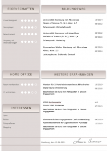 Perfekte und moderne Design Bewerbungsvorlage von STARMAZING: Seite 1: Bewerbungsdeckblatt Seite 2: Bewerbungsanschreiben Seite 3: CV Lebenslauf mit Profil Seite 4: CV Lebenslauf Folgeseite Seite 5: Flexible Zusatzseite / Weiterbildung Seite 6: Bildungsweg Seite 7: CV Kompakt Seite Homeoffice Möglichkeit, Reisebereitschaft, Persönlichkeitsdarstellung, Kenntnisse und zeitliche Verfügbarkeit werden eindrucksvoll grafisch präsentiert. Mit Social Media QR Codes. Alle Schriften ohne Installation dabei. Download: www.STARMAZING.de/bewerber-shop