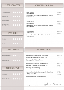Perfekte und moderne Design Bewerbungsvorlage von STARMAZING: Seite 1: Bewerbungsdeckblatt Seite 2: Bewerbungsanschreiben Seite 3: CV Lebenslauf mit Profil Seite 4: CV Lebenslauf Folgeseite Seite 5: Flexible Zusatzseite / Weiterbildung Seite 6: Bildungsweg Seite 7: CV Kompakt Seite Homeoffice Möglichkeit, Reisebereitschaft, Persönlichkeitsdarstellung, Kenntnisse und zeitliche Verfügbarkeit werden eindrucksvoll grafisch präsentiert. Mit Social Media QR Codes. Alle Schriften ohne Installation dabei. Download: www.STARMAZING.de/bewerber-shop