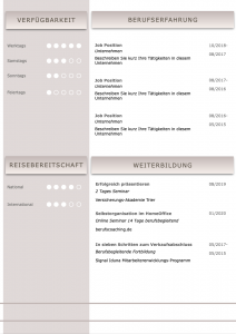 Perfekte und moderne Design Bewerbungsvorlage von STARMAZING: Seite 1: Bewerbungsdeckblatt Seite 2: Bewerbungsanschreiben Seite 3: CV Lebenslauf mit Profil Seite 4: CV Lebenslauf Folgeseite Seite 5: Flexible Zusatzseite / Weiterbildung Seite 6: Bildungsweg Seite 7: CV Kompakt Seite Homeoffice Möglichkeit, Reisebereitschaft, Persönlichkeitsdarstellung, Kenntnisse und zeitliche Verfügbarkeit werden eindrucksvoll grafisch präsentiert. Mit Social Media QR Codes. Alle Schriften ohne Installation dabei. Download: www.STARMAZING.de/bewerber-shop