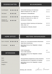 Perfektes und modernes Bewerbungs-Design von STARMAZING: Seite 1: Bewerbungsdeckblatt Seite 2: Bewerbungsanschreiben Seite 3: CV Lebenslauf mit Profil Seite 4: CV Lebenslauf Folgeseite Seite 5: Flexible Zusatzseite / Weiterbildung Seite 6: Bildungsweg Seite 7: CV Kompakt Seite Homeoffice Möglichkeit, Reisebereitschaft, Persönlichkeitsdarstellung, Kenntnisse und zeitliche Verfügbarkeit werden eindrucksvoll grafisch präsentiert. Mit Social Media QR Codes. Alle Schriften ohne Installation dabei. Download: www.STARMAZING.de/bewerber-shop