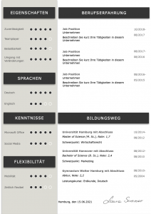 Perfektes und modernes Bewerbungs-Design von STARMAZING: Seite 1: Bewerbungsdeckblatt Seite 2: Bewerbungsanschreiben Seite 3: CV Lebenslauf mit Profil Seite 4: CV Lebenslauf Folgeseite Seite 5: Flexible Zusatzseite / Weiterbildung Seite 6: Bildungsweg Seite 7: CV Kompakt Seite Homeoffice Möglichkeit, Reisebereitschaft, Persönlichkeitsdarstellung, Kenntnisse und zeitliche Verfügbarkeit werden eindrucksvoll grafisch präsentiert. Mit Social Media QR Codes. Alle Schriften ohne Installation dabei. Download: www.STARMAZING.de/bewerber-shop