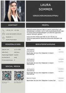Spitze: Diese Bewerbungsvorlage ist perfekt gestaltet. Das Design in Platinum-Optik ist aufgeräumt und klar strukturiert. Die QR-Codes führen den Personaler direkt auf das XING und LinkedIn Profil des Bewerbers. So sehen perfekte Bewerbungen heutzutage aus. Das Bewerber Kurzprofil und das moderne Bewerbungsfoto in einer Büroumgebung machen diese Bewerbung zu einem Highlight.