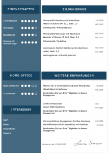 Perfektes und modernes Bewerbungs-Design von STARMAZING: Seite 1: Bewerbungsdeckblatt Seite 2: Bewerbungsanschreiben Seite 3: CV Lebenslauf mit Profil Seite 4: CV Lebenslauf Folgeseite Seite 5: Flexible Zusatzseite / Weiterbildung Seite 6: Bildungsweg Seite 7: CV Kompakt Seite Homeoffice Möglichkeit, Reisebereitschaft, Persönlichkeitsdarstellung, Kenntnisse und zeitliche Verfügbarkeit werden eindrucksvoll grafisch präsentiert. Mit Social Media QR Codes. Alle Schriften ohne Installation dabei. Download: www.STARMAZING.de/bewerber-shop