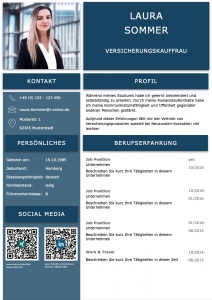 Spitze: Diese Bewerbungsvorlage ist perfekt gestaltet. Das Design in Saphire-Blue-Optik ist aufgeräumt und klar strukturiert. Die QR-Codes führen den Personaler direkt auf das XING und LinkedIn Profil des Bewerbers. So sehen perfekte Bewerbungen heutzutage aus. Das Bewerber Kurzprofil und das moderne Bewerbungsfoto in einer Büroumgebung machen diese Bewerbung zu einem Highlight.
