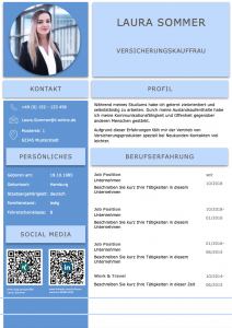 Spitze: Diese Bewerbungsvorlage ist perfekt gestaltet. Das Design in Modern-Blue-Optik ist aufgeräumt und klar strukturiert. Die QR-Codes führen den Personaler direkt auf das XING und LinkedIn Profil des Bewerbers. So sehen perfekte Bewerbungen heutzutage aus. Das Bewerber Kurzprofil und das moderne Bewerbungsfoto in einer Büroumgebung machen diese Bewerbung zu einem Highlight.
