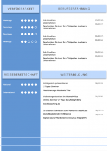 Perfektes und modernes Bewerbungs-Design von STARMAZING: Seite 1: Bewerbungsdeckblatt Seite 2: Bewerbungsanschreiben Seite 3: CV Lebenslauf mit Profil Seite 4: CV Lebenslauf Folgeseite Seite 5: Flexible Zusatzseite / Weiterbildung Seite 6: Bildungsweg Seite 7: CV Kompakt Seite Homeoffice Möglichkeit, Reisebereitschaft, Persönlichkeitsdarstellung, Kenntnisse und zeitliche Verfügbarkeit werden eindrucksvoll grafisch präsentiert. Mit Social Media QR Codes. Alle Schriften ohne Installation dabei. Download: www.STARMAZING.de/bewerber-shop