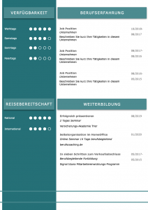 Perfektes und modernes Bewerbungs-Design von STARMAZING: Seite 1: Bewerbungsdeckblatt Seite 2: Bewerbungsanschreiben Seite 3: CV Lebenslauf mit Profil Seite 4: CV Lebenslauf Folgeseite Seite 5: Flexible Zusatzseite / Weiterbildung Seite 6: Bildungsweg Seite 7: CV Kompakt Seite Homeoffice Möglichkeit, Reisebereitschaft, Persönlichkeitsdarstellung, Kenntnisse und zeitliche Verfügbarkeit werden eindrucksvoll grafisch präsentiert. Mit Social Media QR Codes. Alle Schriften ohne Installation dabei. Download: www.STARMAZING.de/bewerber-shop