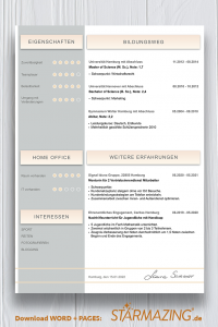Perfekte und moderne Design Bewerbungsvorlage von STARMAZING: Seite 1: Bewerbungsdeckblatt Seite 2: Bewerbungsanschreiben Seite 3: CV Lebenslauf mit Profil Seite 4: CV Lebenslauf Folgeseite Seite 5: Flexible Zusatzseite / Weiterbildung Seite 6: Bildungsweg Seite 7: CV Kompakt Seite Seite 8: Motivationsschreiben Seite 9: Initiativbewerbung / OnePager Homeoffice Möglichkeit, Reisebereitschaft, Persönlichkeitsdarstellung, Kenntnisse und zeitliche Verfügbarkeit werden eindrucksvoll grafisch präsentiert. Mit Social Media QR Codes. Alle Schriften ohne Installation dabei. Download: www.STARMAZING.de/bewerber-shop