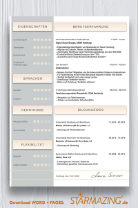Perfekte und moderne Design Bewerbungsvorlage von STARMAZING: Seite 1: Bewerbungsdeckblatt Seite 2: Bewerbungsanschreiben Seite 3: CV Lebenslauf mit Profil Seite 4: CV Lebenslauf Folgeseite Seite 5: Flexible Zusatzseite / Weiterbildung Seite 6: Bildungsweg Seite 7: CV Kompakt Seite Seite 8: Motivationsschreiben Seite 9: Initiativbewerbung / OnePager Homeoffice Möglichkeit, Reisebereitschaft, Persönlichkeitsdarstellung, Kenntnisse und zeitliche Verfügbarkeit werden eindrucksvoll grafisch präsentiert. Mit Social Media QR Codes. Alle Schriften ohne Installation dabei. Download: www.STARMAZING.de/bewerber-shop